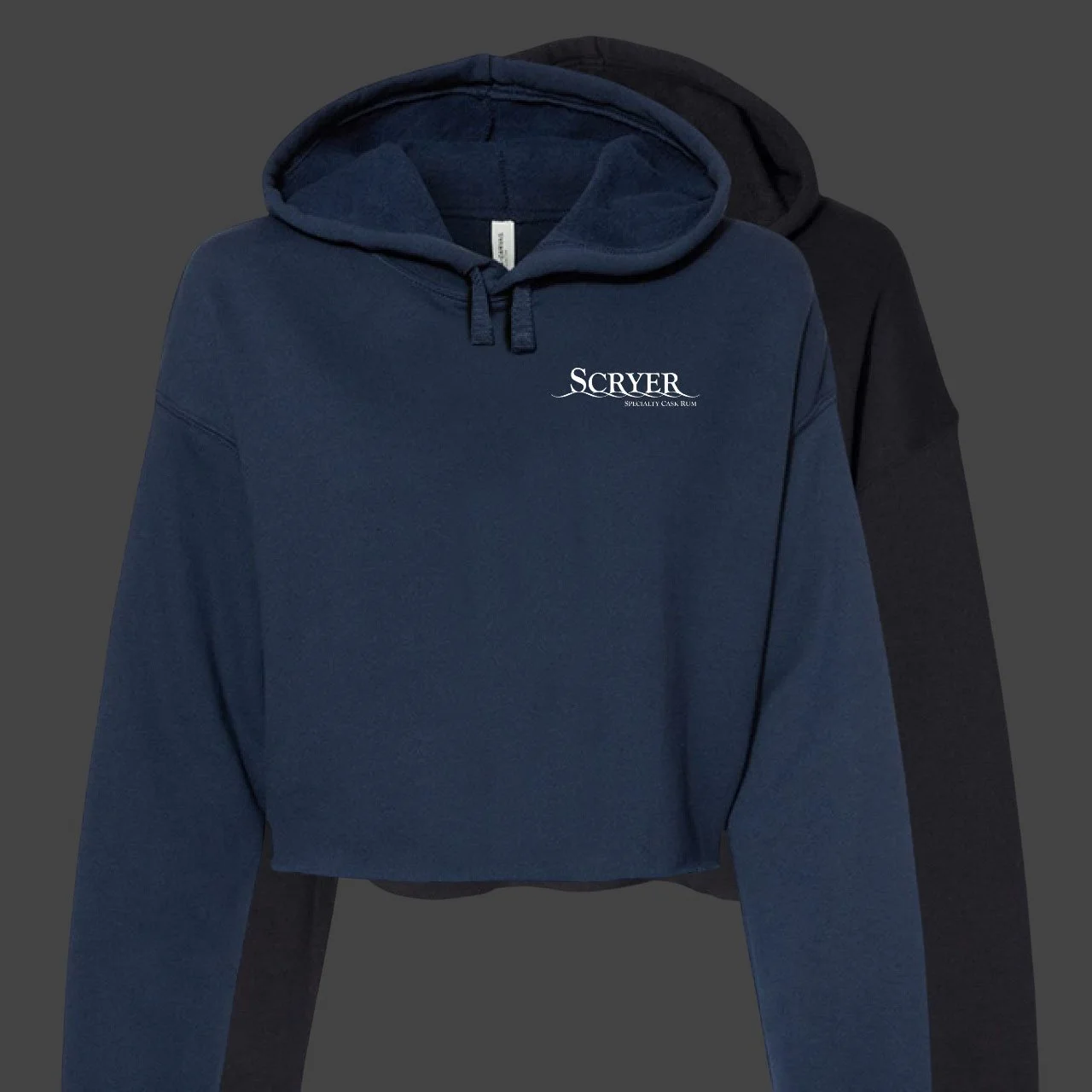 Scryer Rum “Look Closer” crop hoodies available in navy and black.