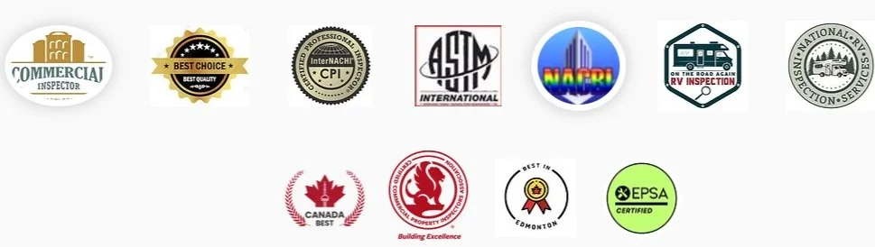 Row of various certification and inspection logos, including commercial inspector, best choice, professional inspector, automotive international, NAFDI, RV inspection, national RV inspection, Canada best, Building excellence, EPSA certified, and Edmonton best.