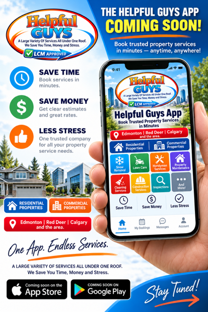 Advertisement for the Helpful Guys app featuring a smartphone with the app interface, highlighting services like residential and commercial properties, with icons for lawn care, handyman services, and property maintenance, and emphasizing quick booking, cost savings, and stress reduction.