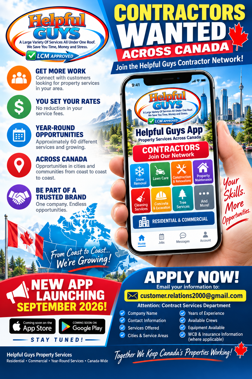 A promotional poster for Helpful Guys Contractor Network in Canada, featuring a smartphone with the app interface and details for contractors to join. The poster highlights services like snow removal, lawn care, construction, property maintenance, cleaning, concrete, and tree services. It encourages contractors to apply via email for the launch in September 2026, with icons for app stores and a map of Canada.