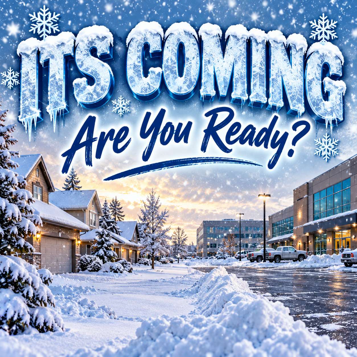Snow-covered residential street with houses, trees, and a parking lot during sunset, with bold icy text reading "It's Coming Are You Ready?" and snowflakes in the sky.