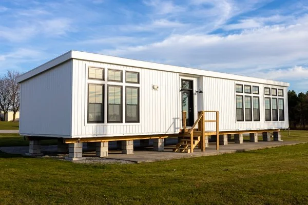 A white manufactured home on a raised foundation with steps leading to the front door, situated on a grassy area under a partly cloudy sky.