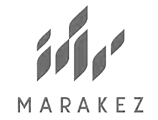 Logo with stylized black and gray stripes and the word 'MARAKEZ' below.