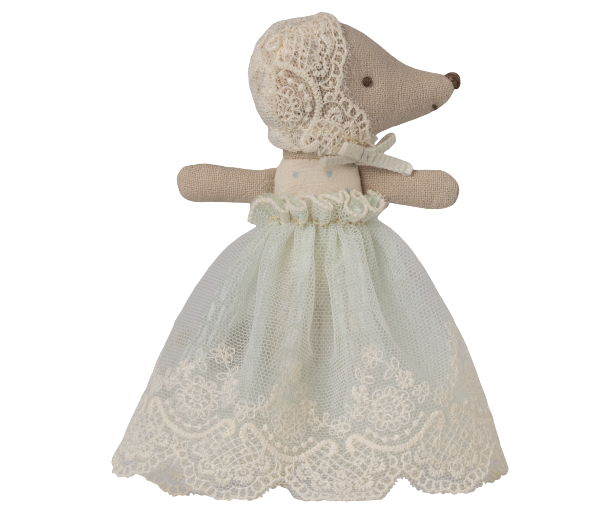 Pre-order: Maileg Baby mouse in gown - mint (Expected arrival by: 7/15/26)