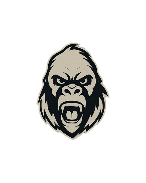 A stylized logo of a fierce gorilla's face with an open mouth, showing sharp teeth, in black, beige, and dark brown colors.