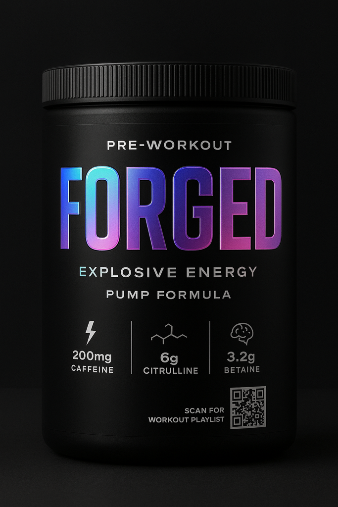 Black container of pre-workout supplement labeled "FORGED" with explosive energy, pump formula. Highlights include 200mg caffeine, 6g citrulline, 3.2g betaine, and a QR code for workout playlist.