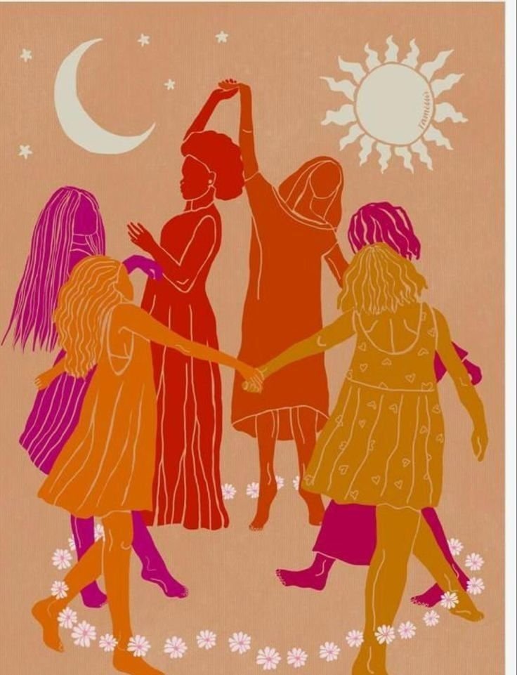 Illustration of six women and girls holding hands in a circle, with a moon, sun, and stars in the sky, symbolizing unity and diversity.