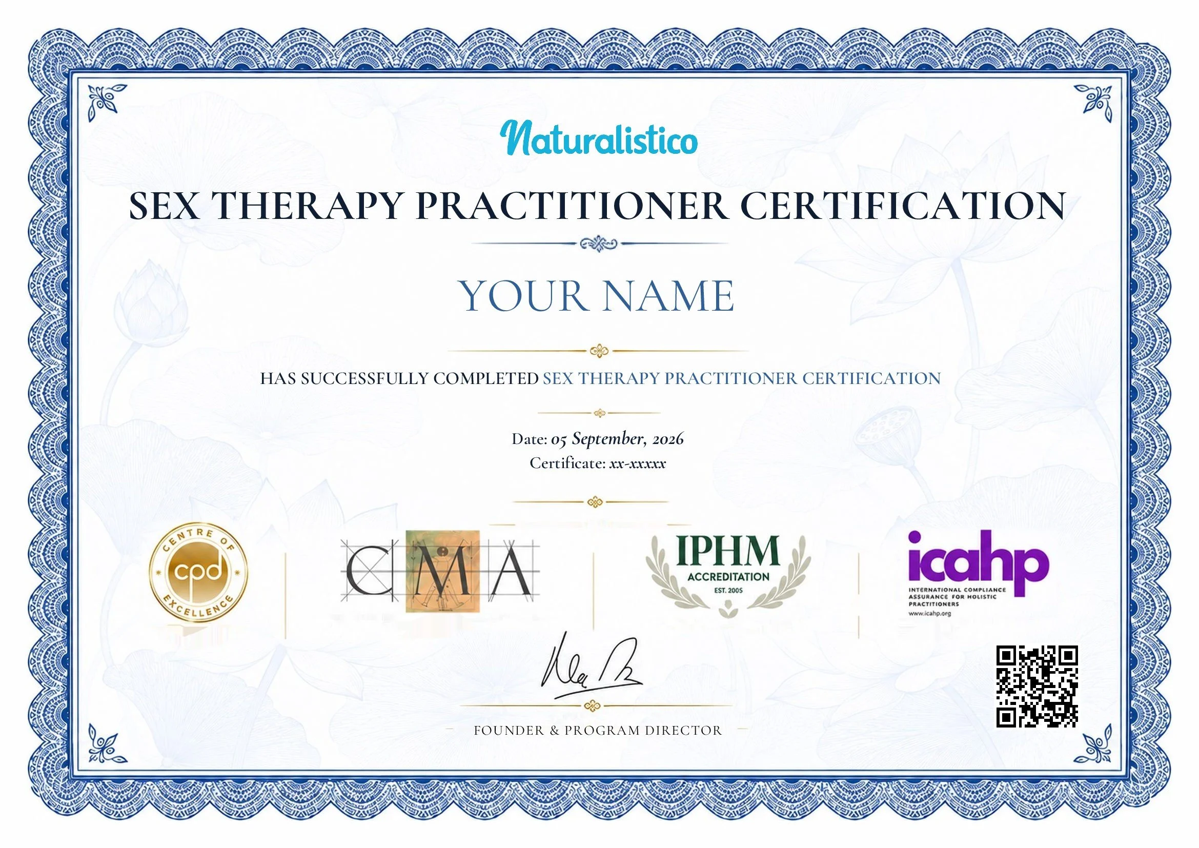 Certificate for Naturalistic Sex Therapy Practitioner, dated September 5, 2026, with signatures and logos from various organizations, featuring a blue decorative border and light floral background.