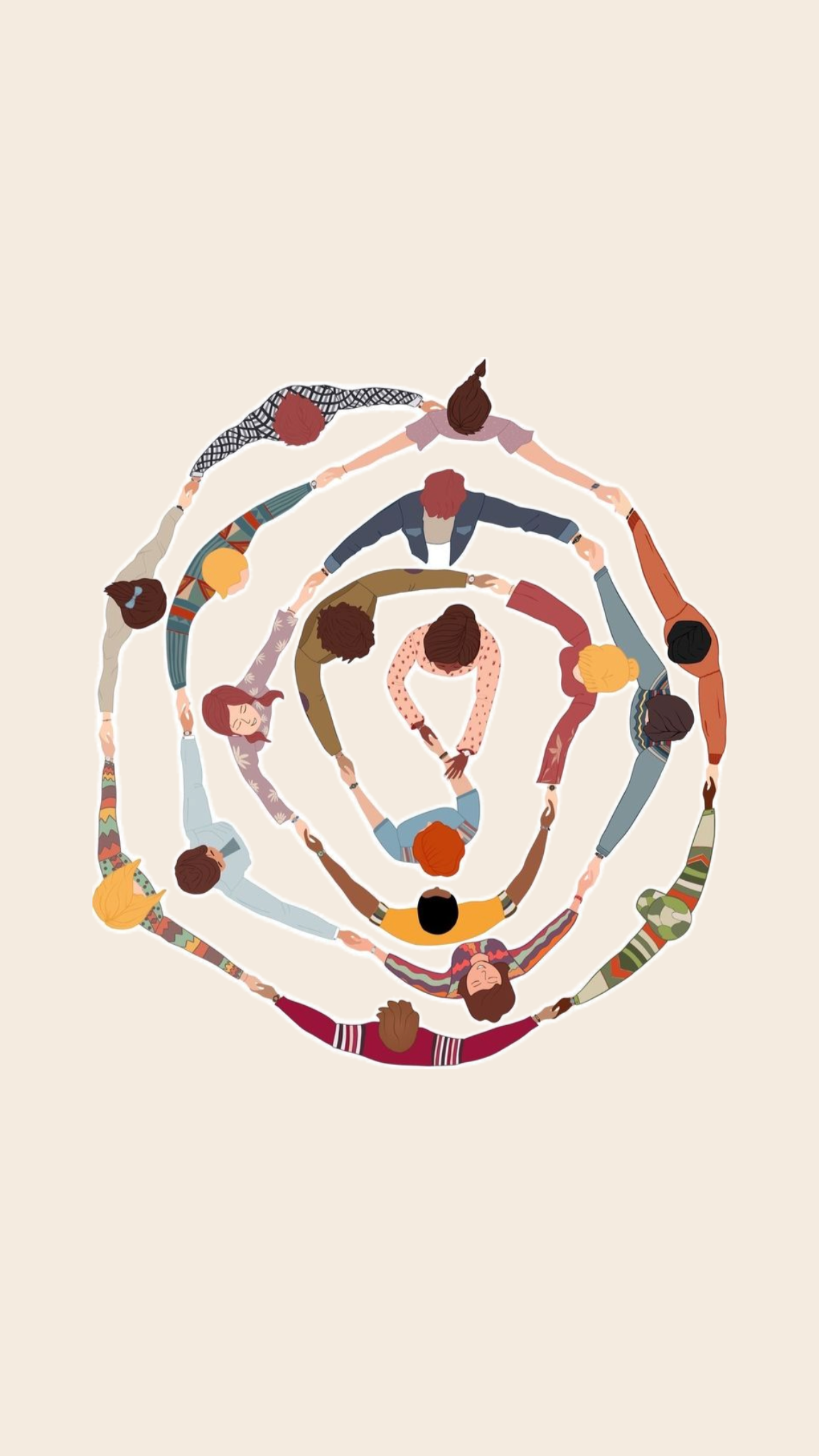 Illustration of diverse people holding hands and forming concentric circles, viewed from above.