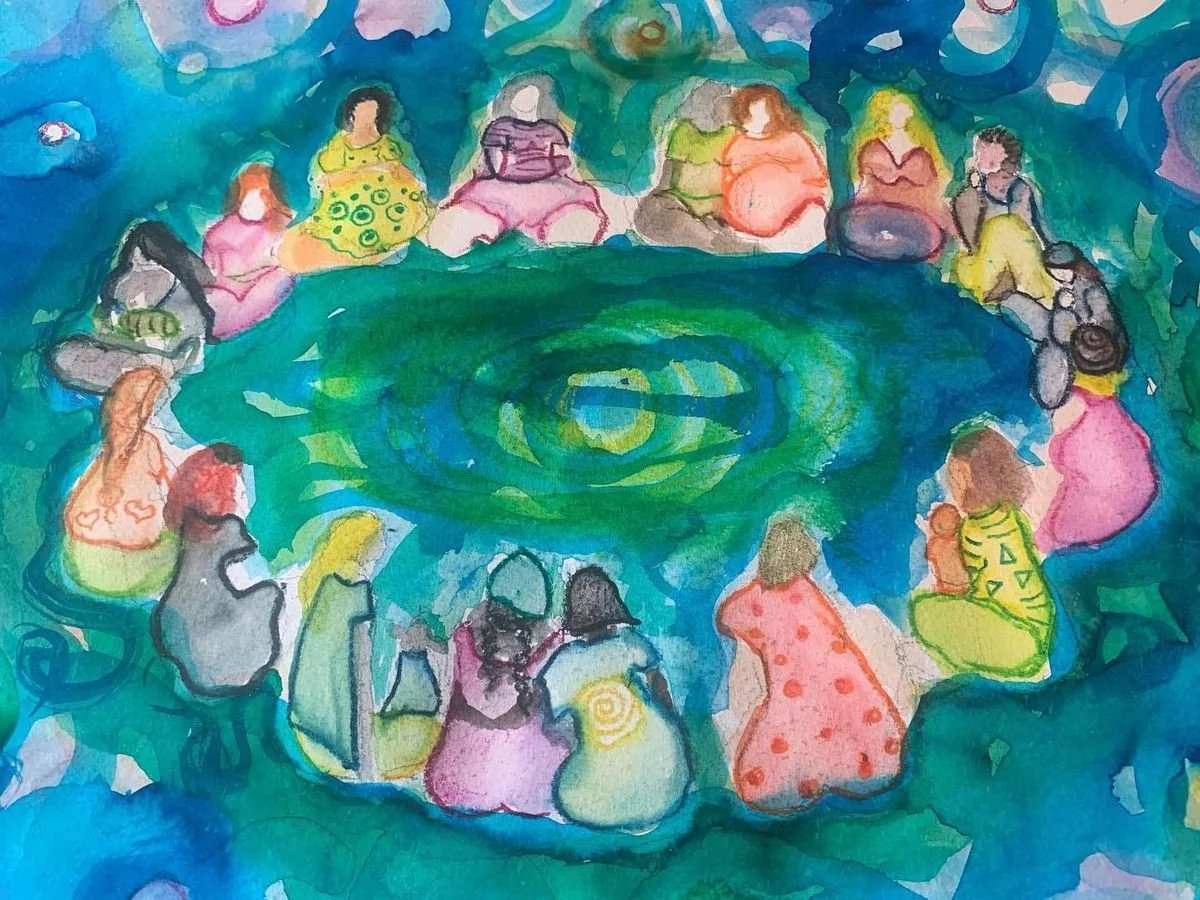 Watercolor painting of a diverse group of women sitting in a circle around a swirling pool of water, engaged in discussion or meditation.