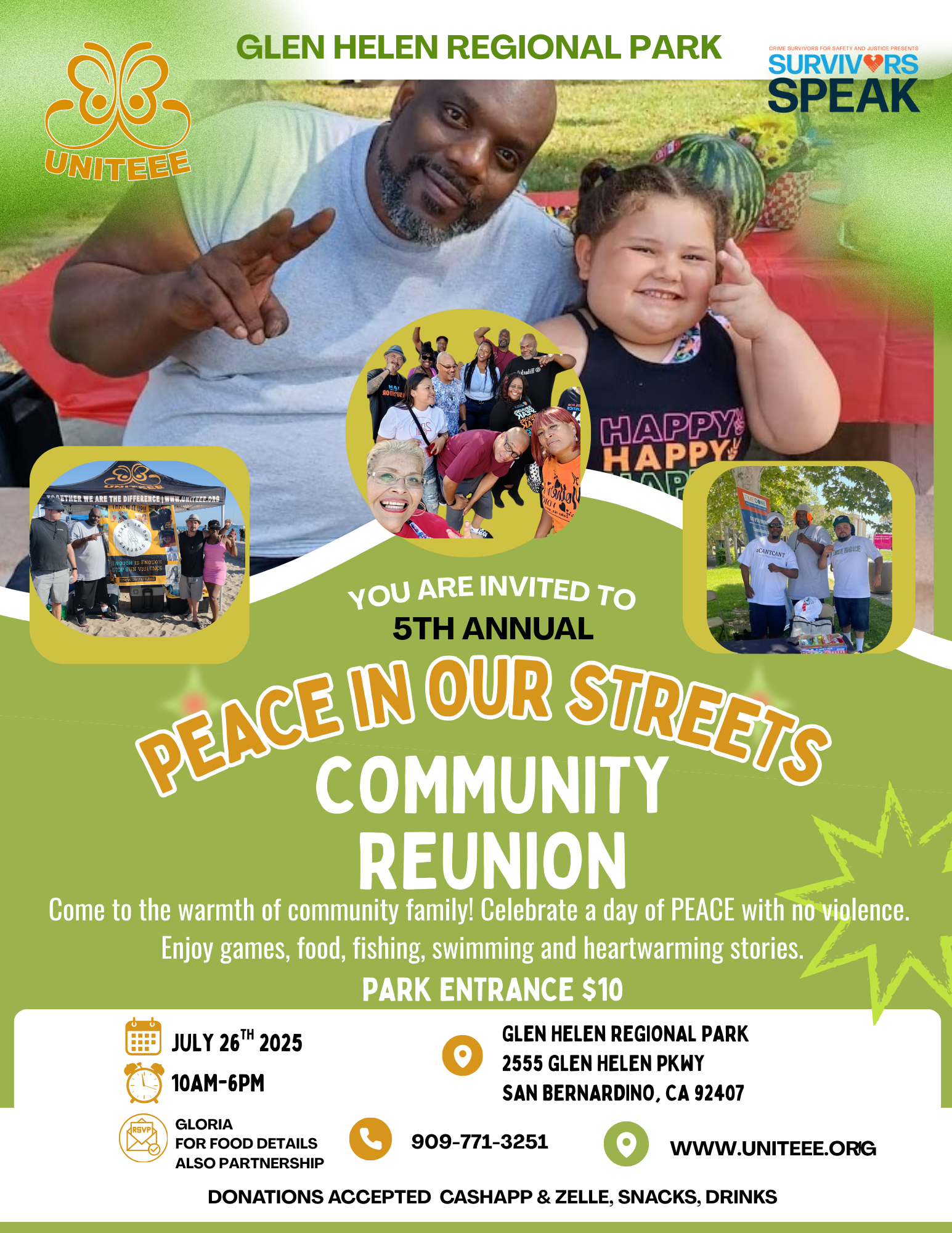Invitation poster for the 5th Annual Peace in Our Streets Community Reunion at Glen Helen Regional Park, featuring photos of community members, a butterfly logo, and event details including date, time, location, and contact information.
