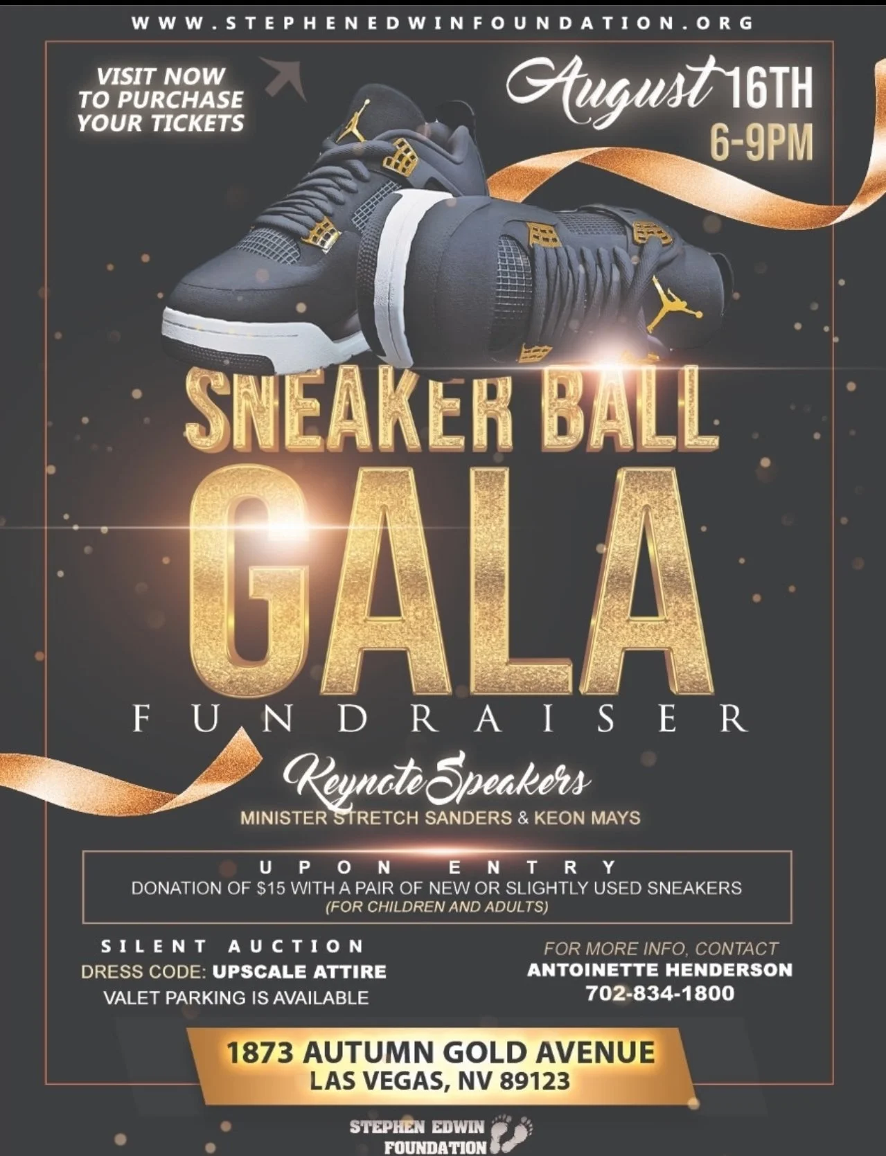 Flyer for the Sneakers Ball Gala Fundraiser on August 16th from 6-9 PM featuring a pair of black sneakers with gold accents, with text details about the event, speakers, donation, dress code, location at 1873 Autumn Gold Avenue, Las Vegas, NV, contact information, and a link to purchase tickets.
