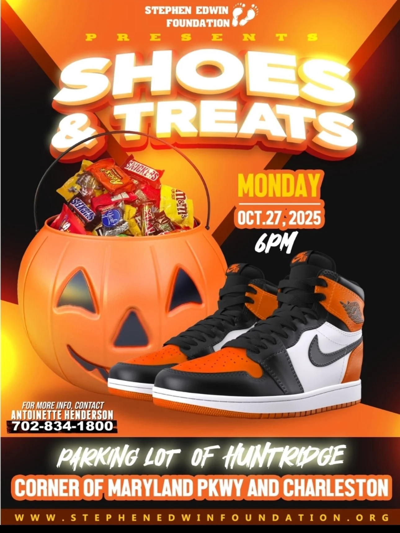 Event poster for 'Shoes & Treats' hosted by Stephen Edwin Foundation on October 27, 2025, at 6 PM. Features a pumpkin-shaped candy bucket filled with candies and a pair of Nike sneakers in orange, black, and white. The event is at a parking lot at the corner of Maryland Parkway and Charleston, with contact information for Antoine Henderson.