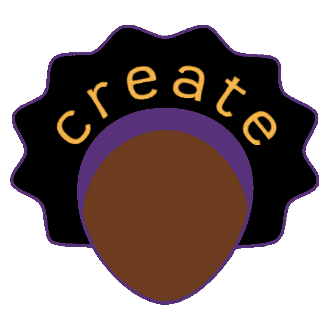 BNC logo - a Black face with a purple headband and Afro. The words "create" are in the Afro like a crown in gold.