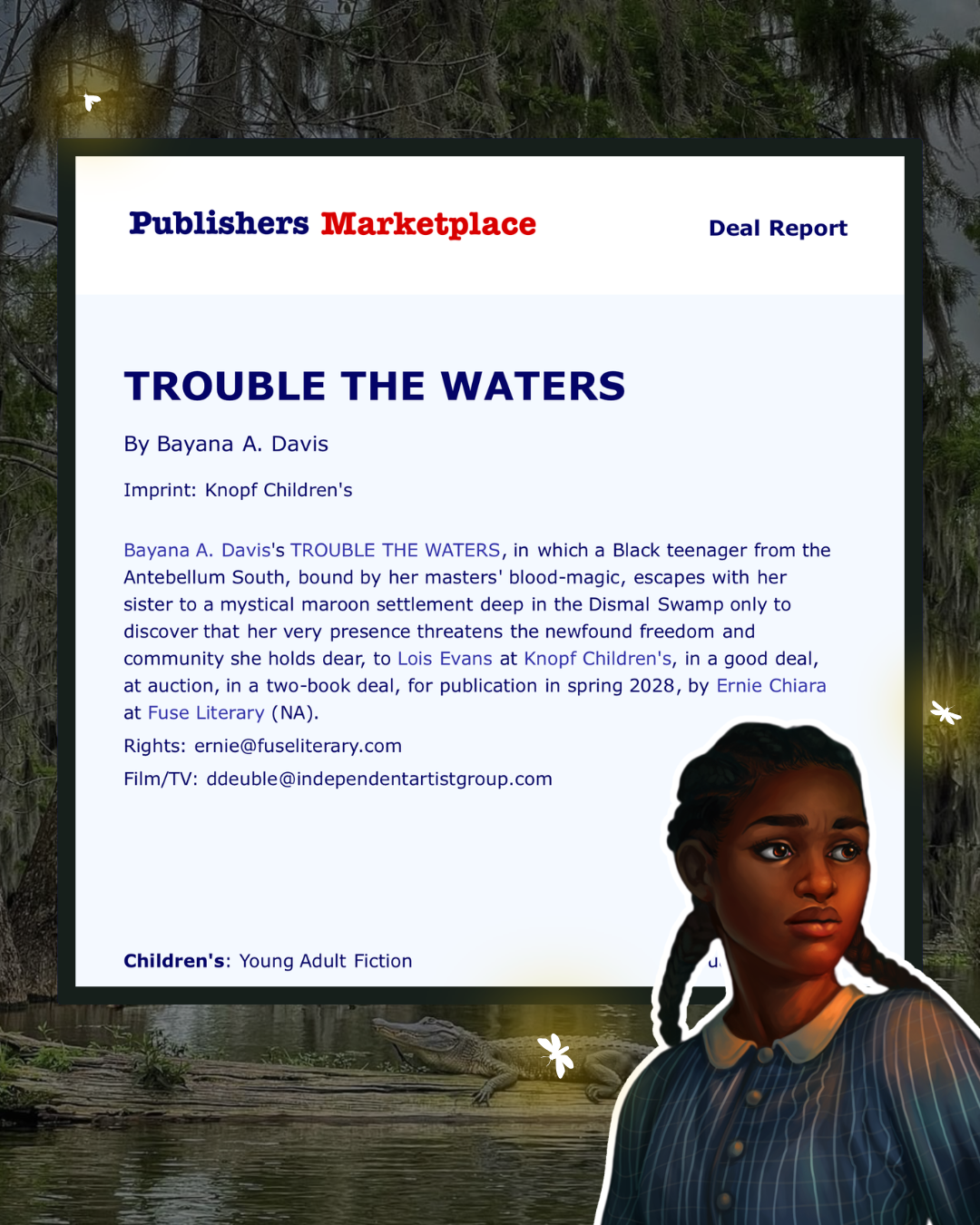 A picture of the deal announcement for Trouble the Waters, over a background of a swamp. In the bottom right corner is an illustration of Blessing, a Black teenage girl with cornrows and a blue dress, looking off to the right.