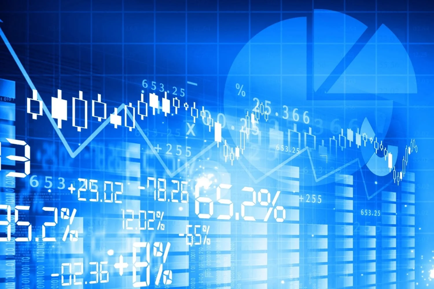 A stock market ticker in blue, graphs, and a pie chart.
