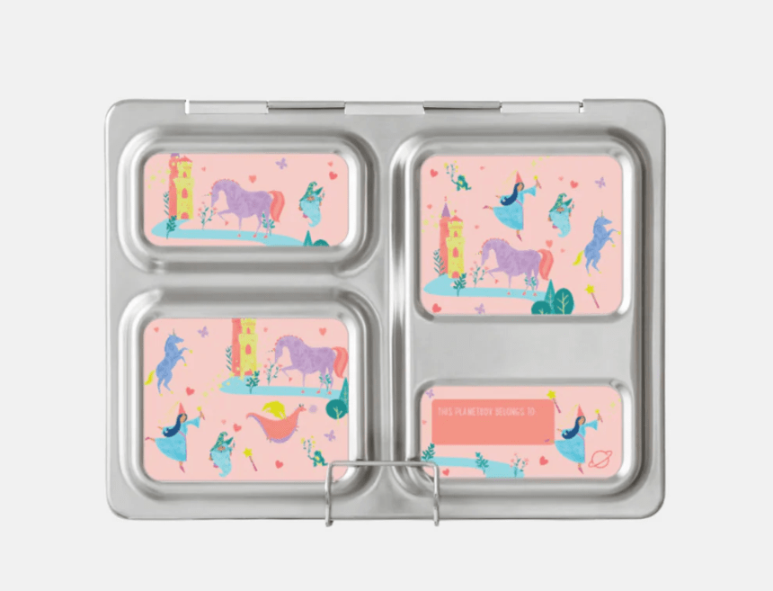 Stainless steel PlanetBox lunchbox with colorful unicorn design compartments, reusable and durable for kids and adults.