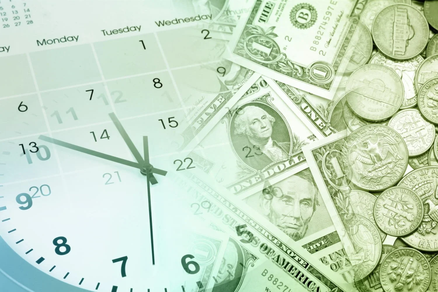 An image of a calendar, a clock U.S. bills in various denominations, and U.S. coins.