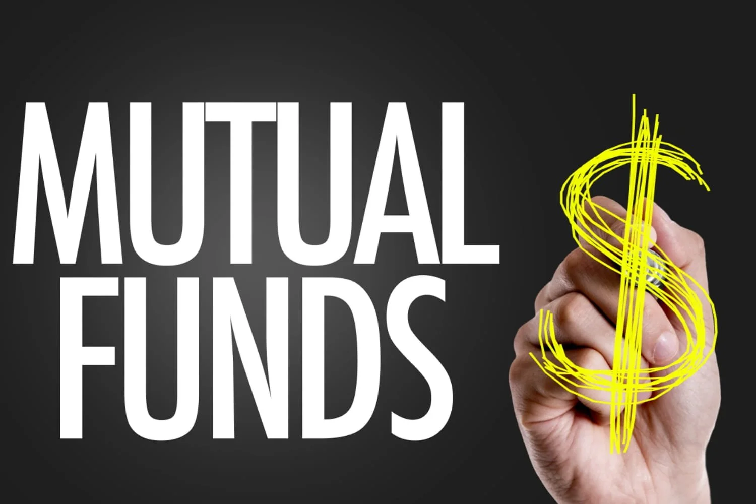 Mutual funds written in uppercase white letters with a hand drawing a yellow dollar sign symbol next to the words.