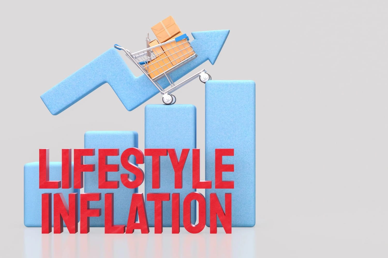 The words lifestyle inflation written in all caps red text with an image of a blue rising bar graph and a shopping cart filled with brown packages on top of the arrow moving upwards.