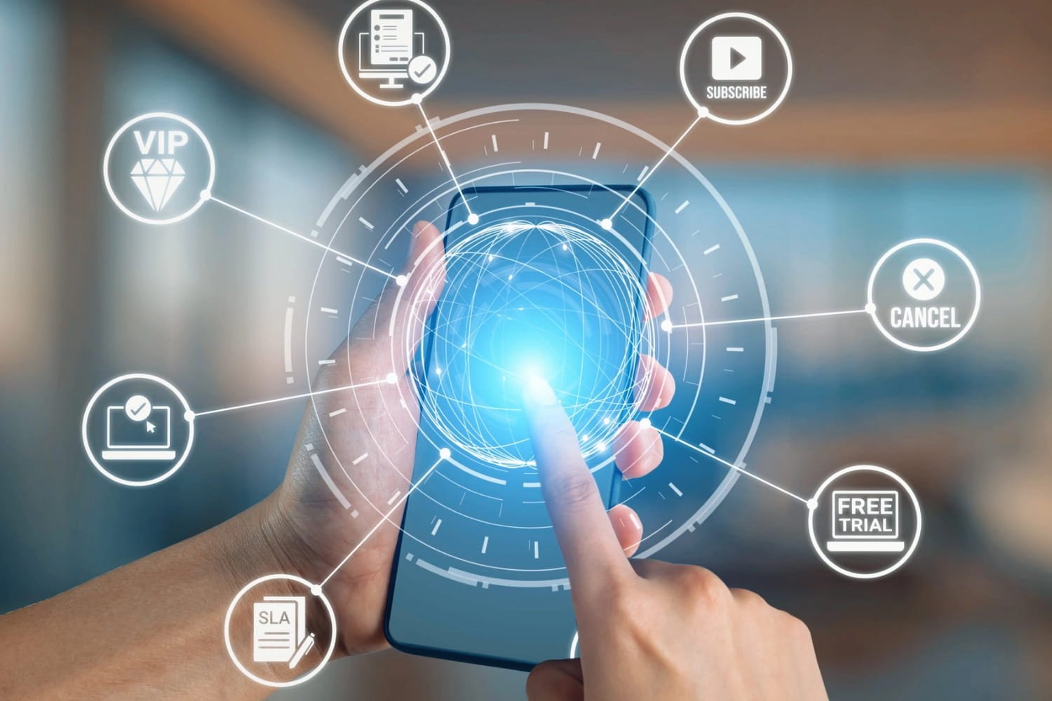 A person holding a cellular phone with an overlay of images that say subscribe, cancel, free trial, and VIP.