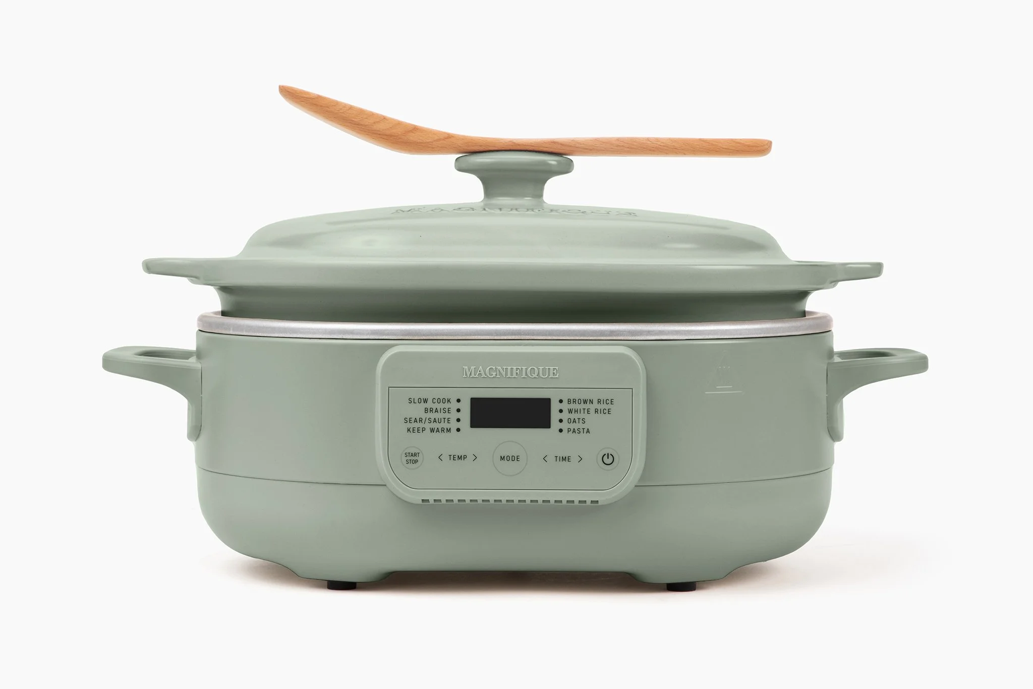 Sage green Magnifique Claypot Oven with digital display and wooden lid handle, designed for healthy, toxin-free cooking.