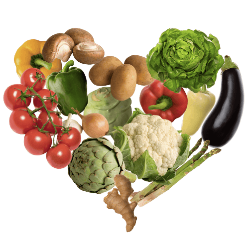 A heart comprised of fresh vegetables like lettuce, artichokes, tomatoes, and potatoes. It represents the healthy recipes by healthwealth.