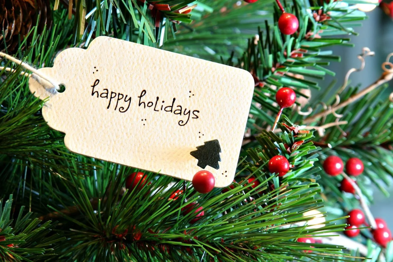 A close up of a Christmas tree with red berries and a tag that says happy holidays.