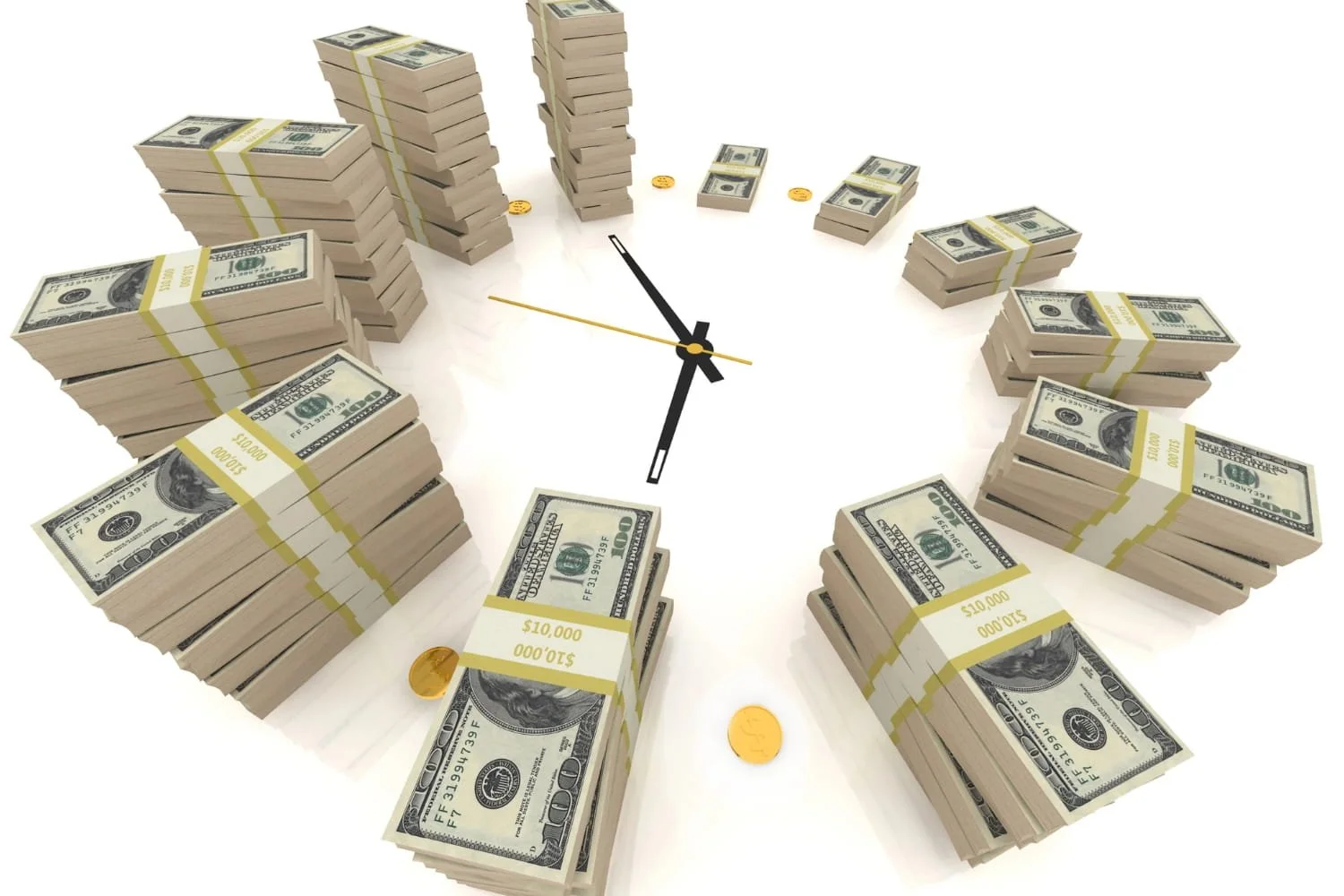 Stacks of ten thousand U.S. dollars arranged as the numbers on a clock increasing in amount starting with one.