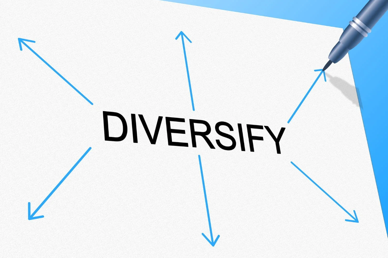 The word diversify written in black letters on white paper and several blue arrows drawn facing outward or away from the word.