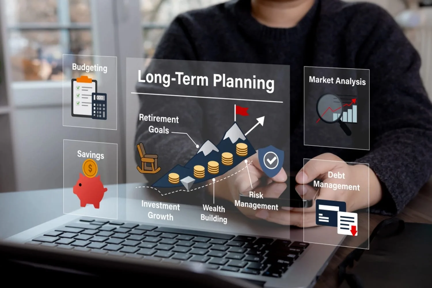 A person using a cellular phone and a laptop with an image overlay that says long-term planning showing various icons for budgeting, savings, market analysis, debt management, retirement goals, investment growth, wealth building, and risk management.