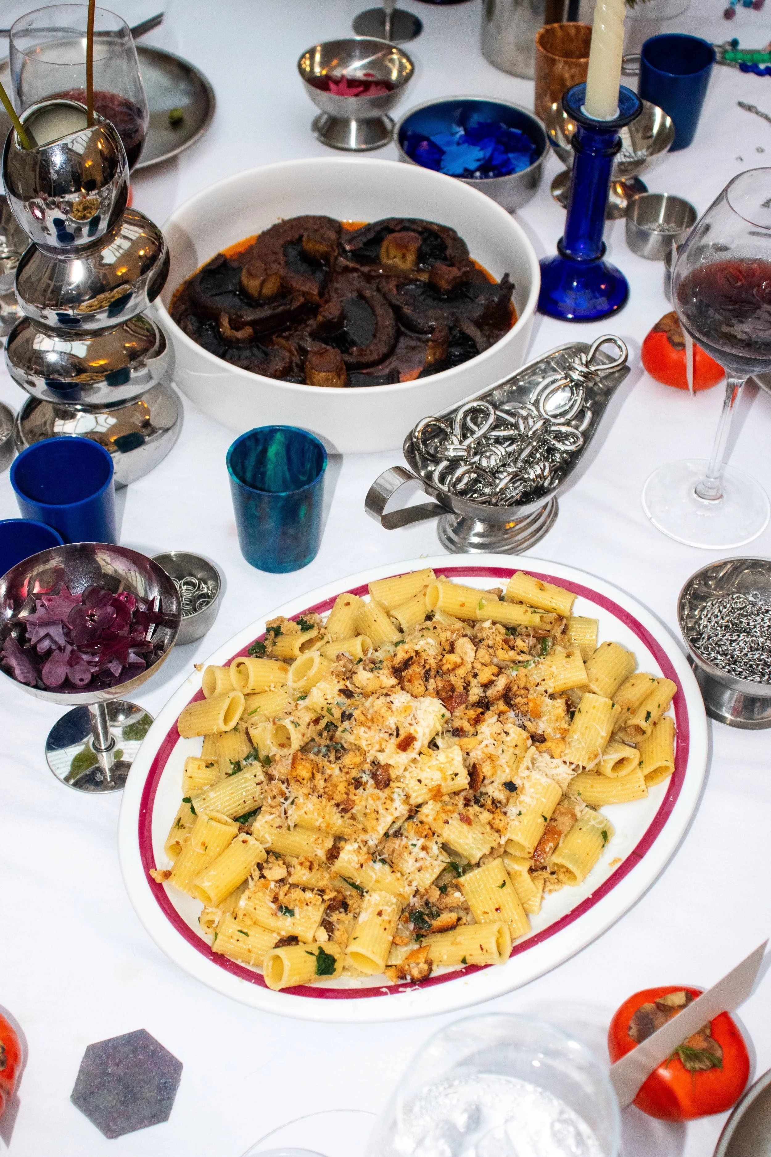 Generous pasta served family style at a Mediterranean banquet private dining dinner, Melbourne 