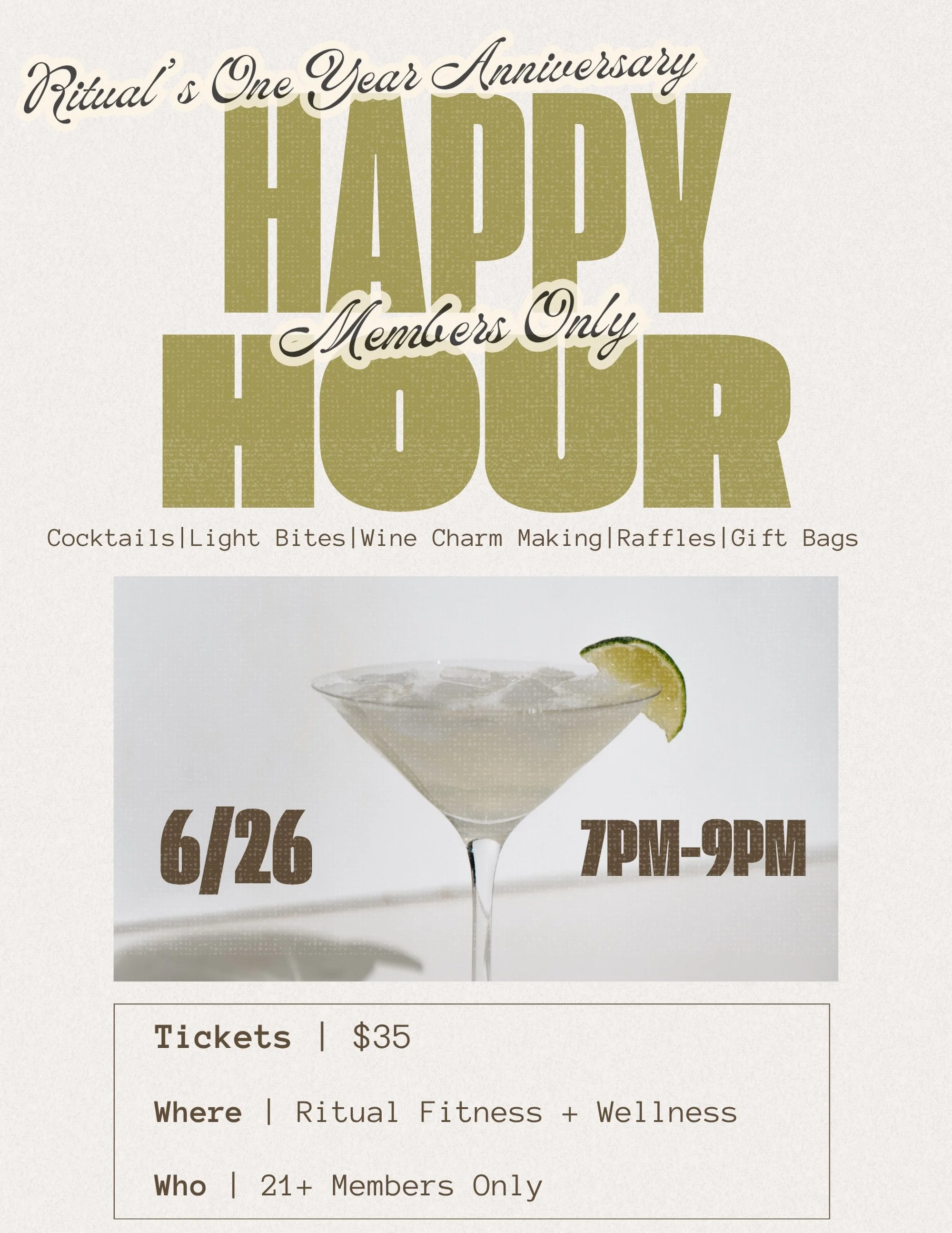 Kick off our anniversary weekend with us 🥂

Join us as we celebrate one year of Ritual with cocktails, light bites, wine charm making, raffles, gift bags, and more!

June 26 | 7&ndash;9 PM

Members Only | 21+

Tickets available now in our bio