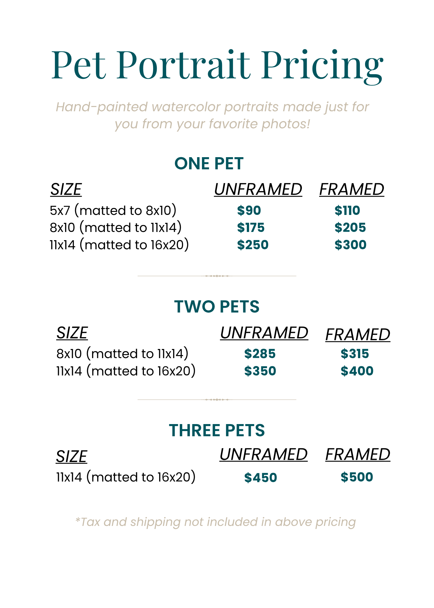 Pet portrait pricing chart with options for one, two, or three pets, including sizes, framing options, and prices labeled as unframed or framed, with additional notes about tax and shipping costs.