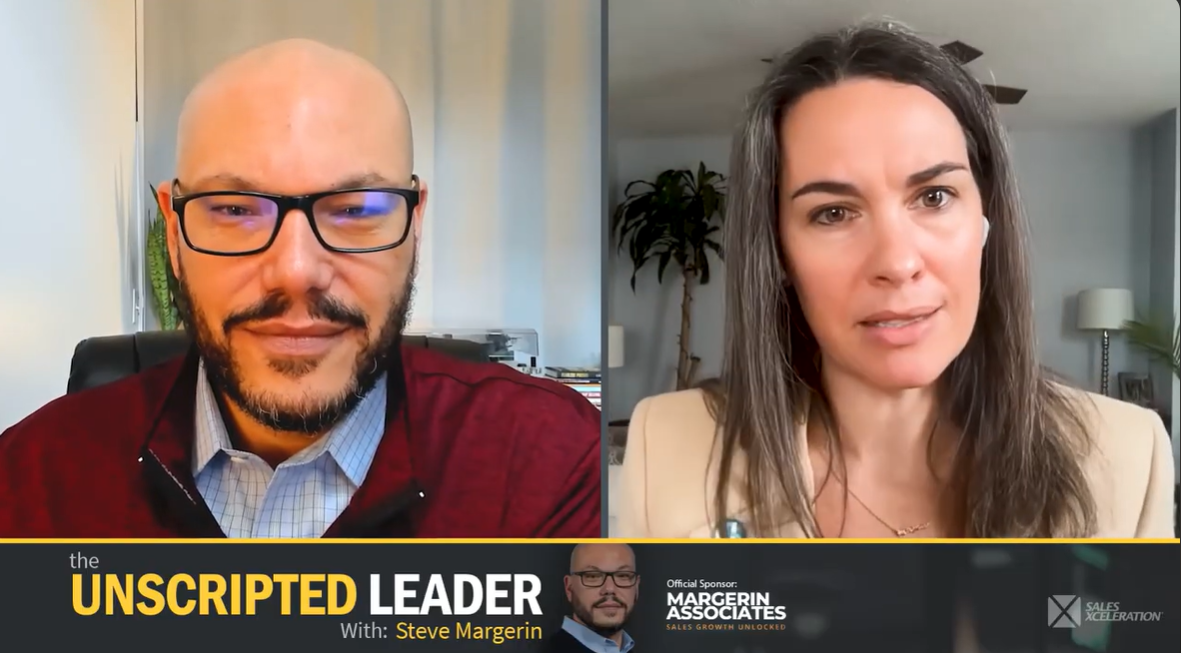 Libby Stegger and Steve Margerin look at the camera, speaking through Zoom. The logo of "the unscripted leader podcast" is in view below them.