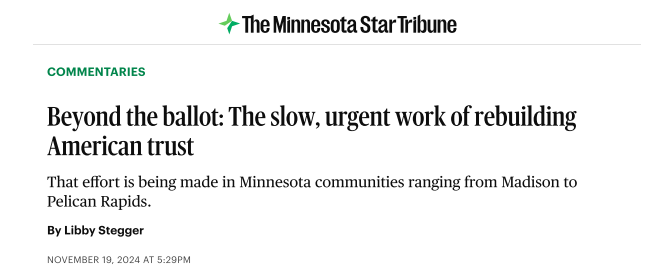 A screen clip of Libby Stegger's opinion piece for the Star Tribune.