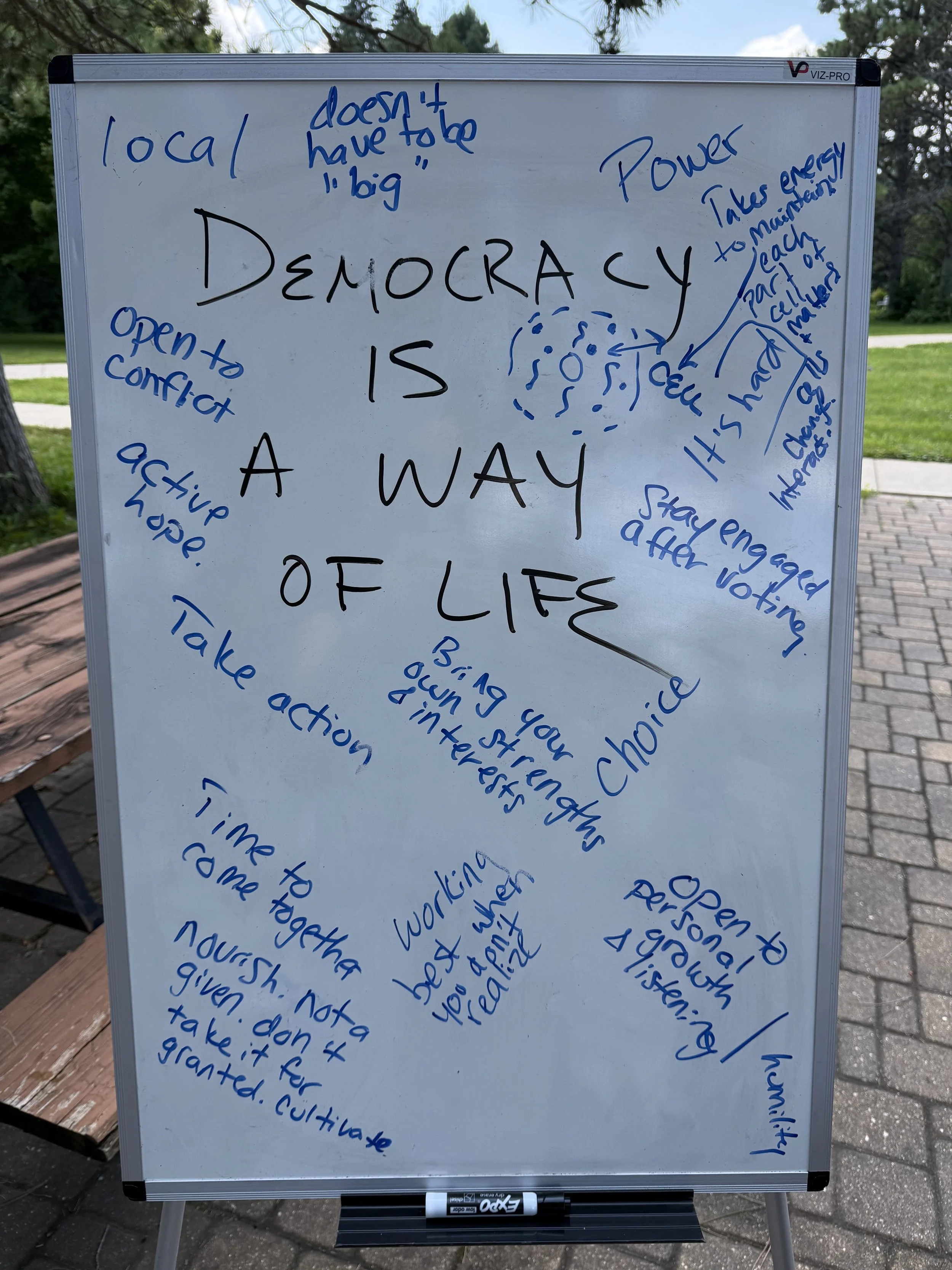 "Democracy is a way of life" written on a whiteboard with other annotations.