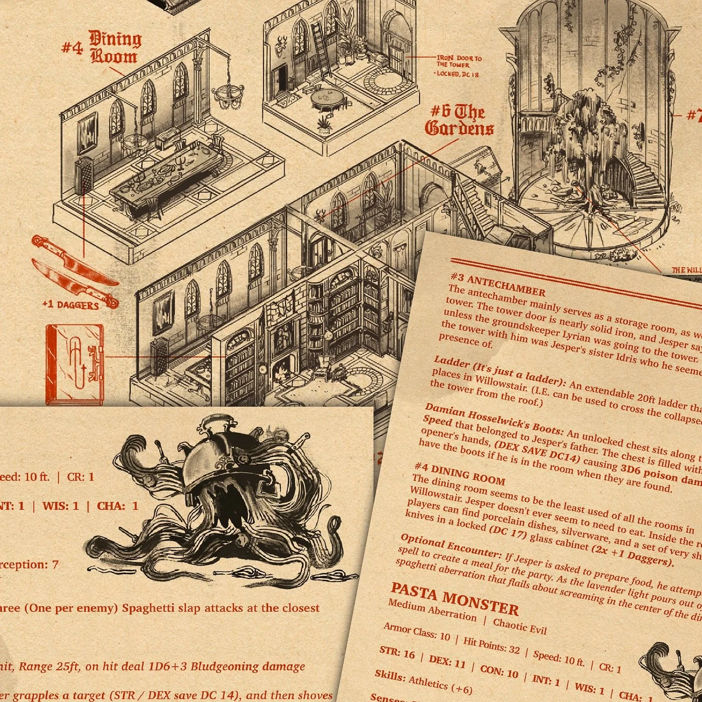 Uncanny Valley - Dining Room &amp; Antechamber
-
Making the dining room actually have a purpose in this one shot was a bit hard, with the host of willowstair not needing any food, I was trying to figure out what might happen in there. 

My brain kept