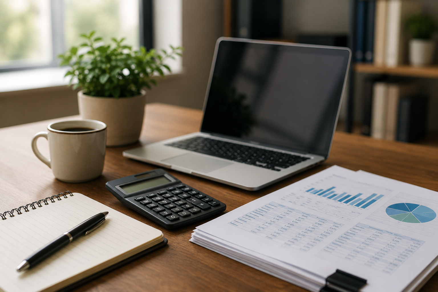 Modern workspace with financial reports, calculator, laptop, and notebook representing bookkeeping costs and accounting services in 2026.