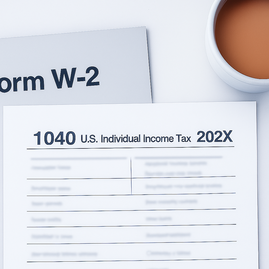 Individual tax paperwork neatly arranged with a mug.