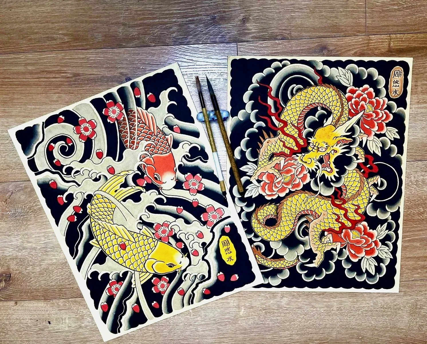Orignal Paints!.
Featuring:
Koi fish and sakuras
Golden Dragon and Peonies  
Acrylic and Water color ink
Cotton paper 300g
Size: Approx A3 

€150.00 for both pages
€100.00 each separately 
