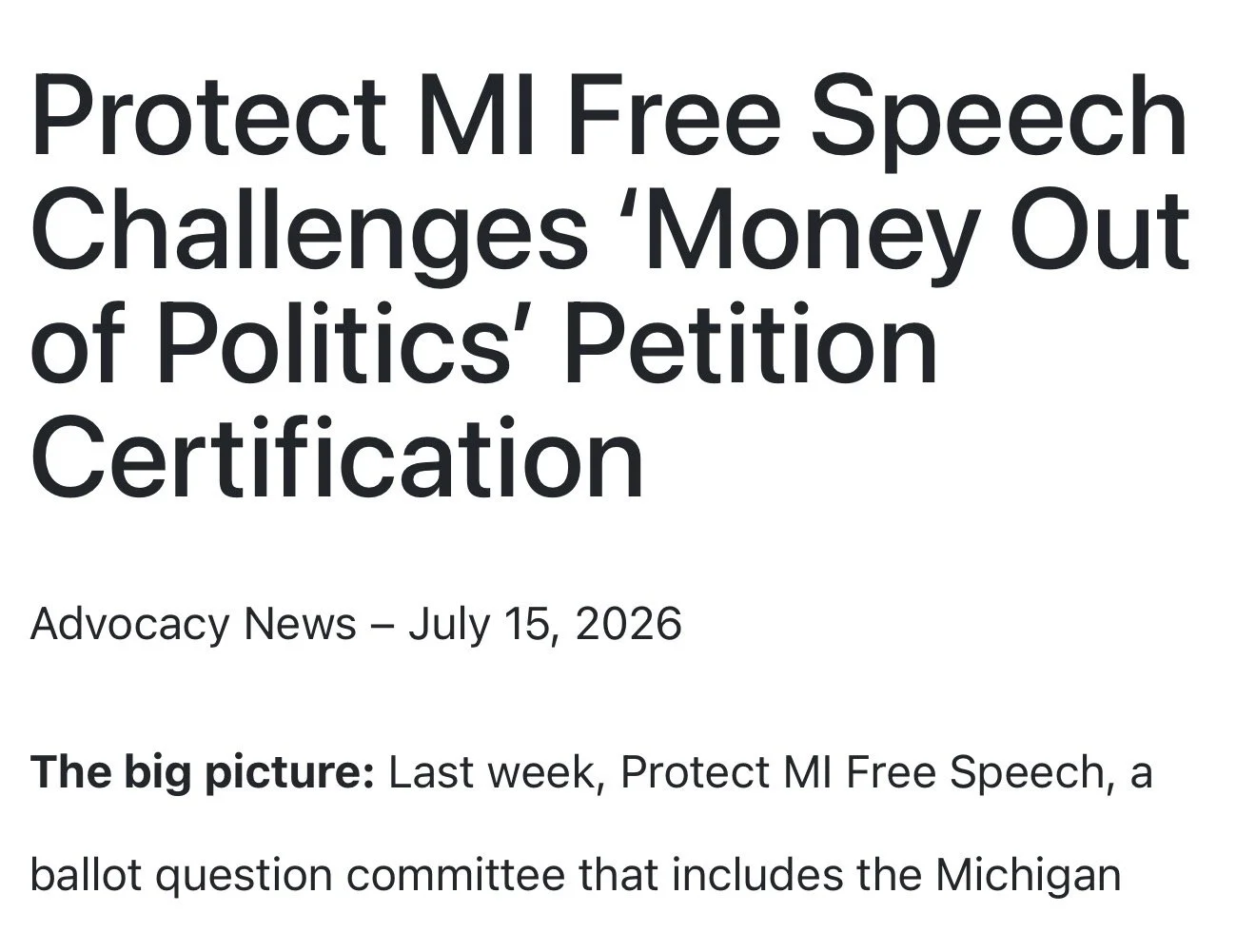 Protect MI Free Speech Challenges ‘Money Out of Politics’ Petition Certification