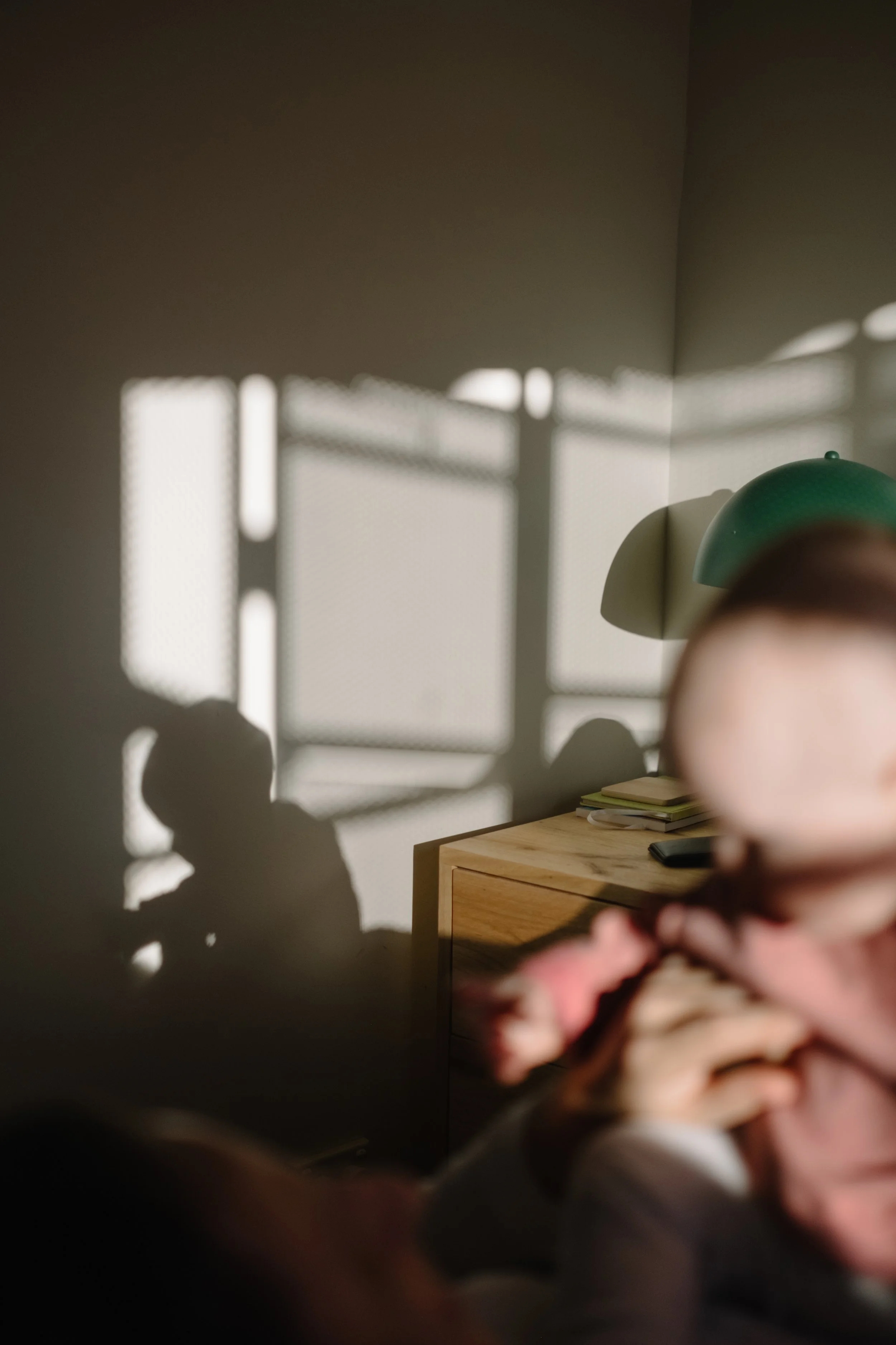Shadow of a person using a phone on a wall with sunlight creating geometric patterns. Blurred person in foreground holding a dog.