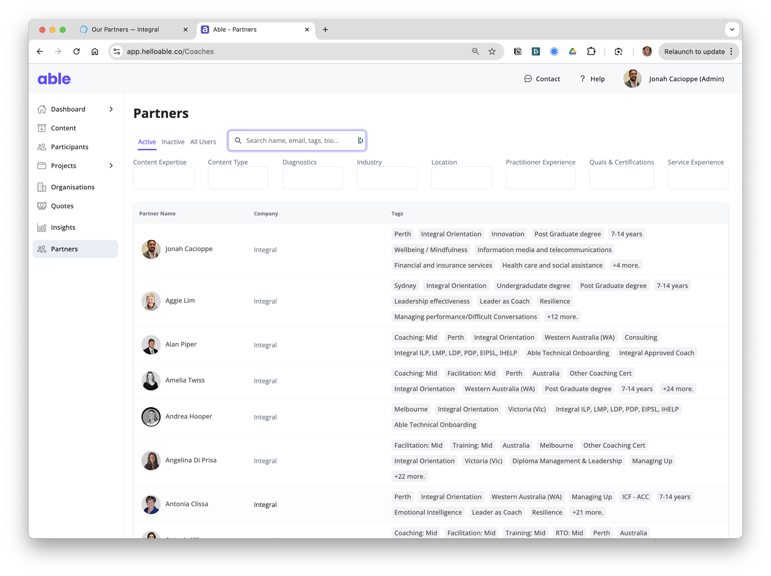 Screenshot of a webpage titled 'Partners' showing a list of professional partners with their names, companies, and associated tags. The page includes search filters at the top and a sidebar menu on the left.