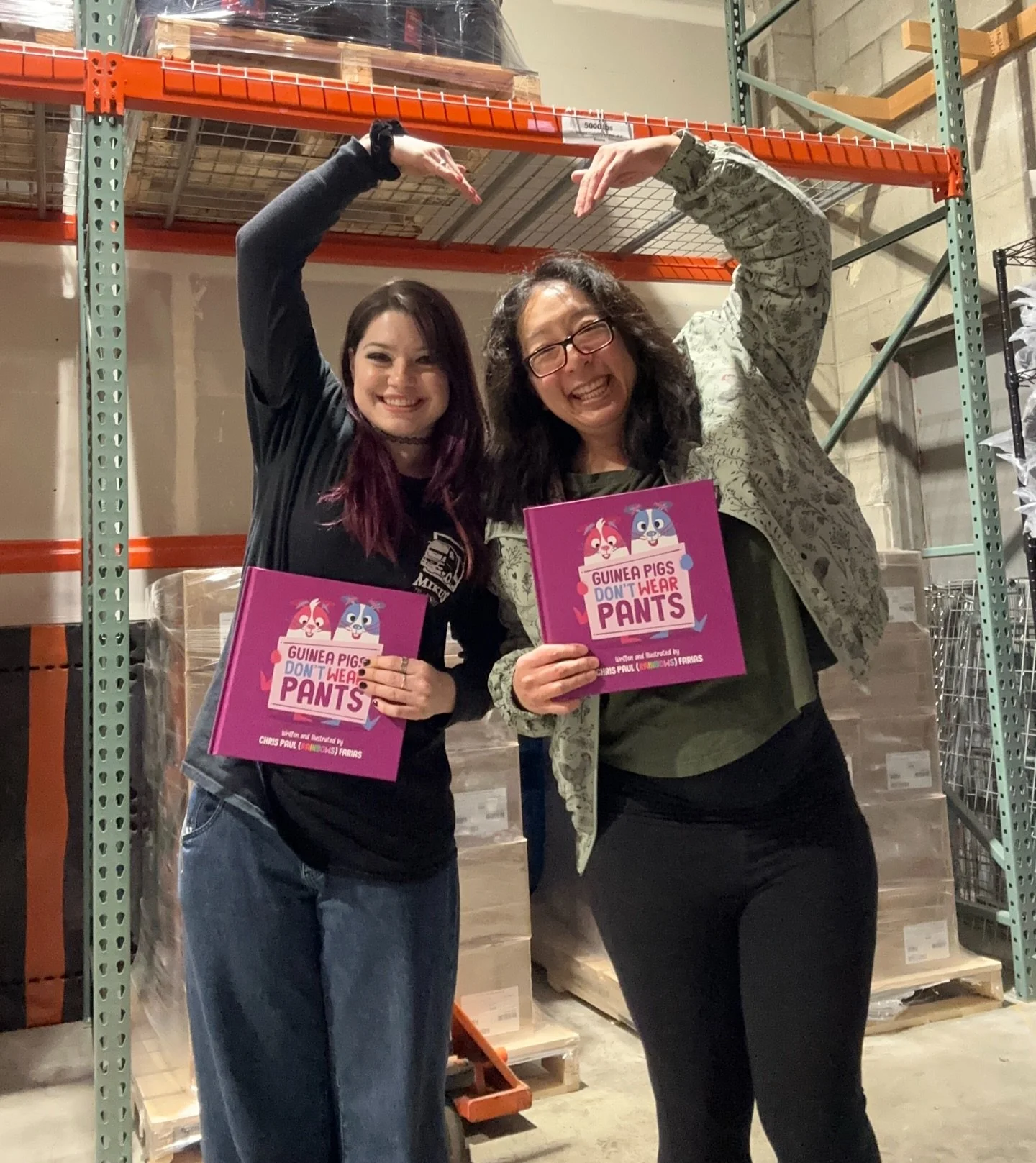 At the warehouse with Ruby from @mikus_transport, standing in front of the very first pallets of Guinea Pigs Don&rsquo;t Wear Pants by @chrispaulrainbows. When you order a book from our website, the amazing people at Mikus will be the ones fulfilling