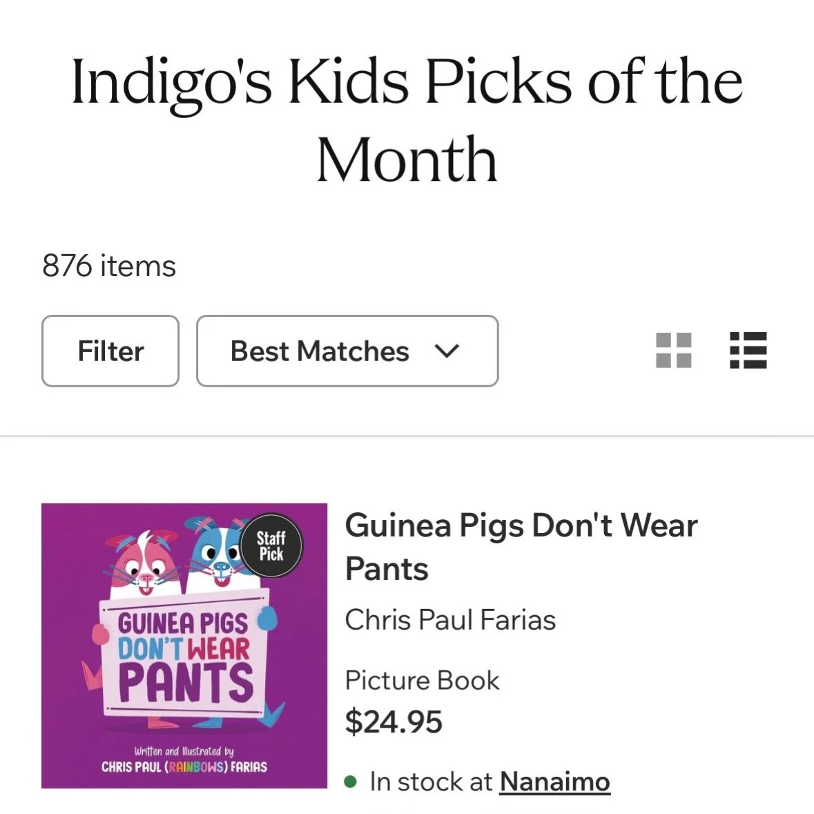 Guinea Pigs Don&rsquo;t Wear Pants by @chrispaulrainbows is Indigo&rsquo;s pick of the month for kids ages 3+ this month! 😄 Thank you @indigo for the support you&rsquo;ve placed behind this book from this to hosting events all over Ontario. This lit