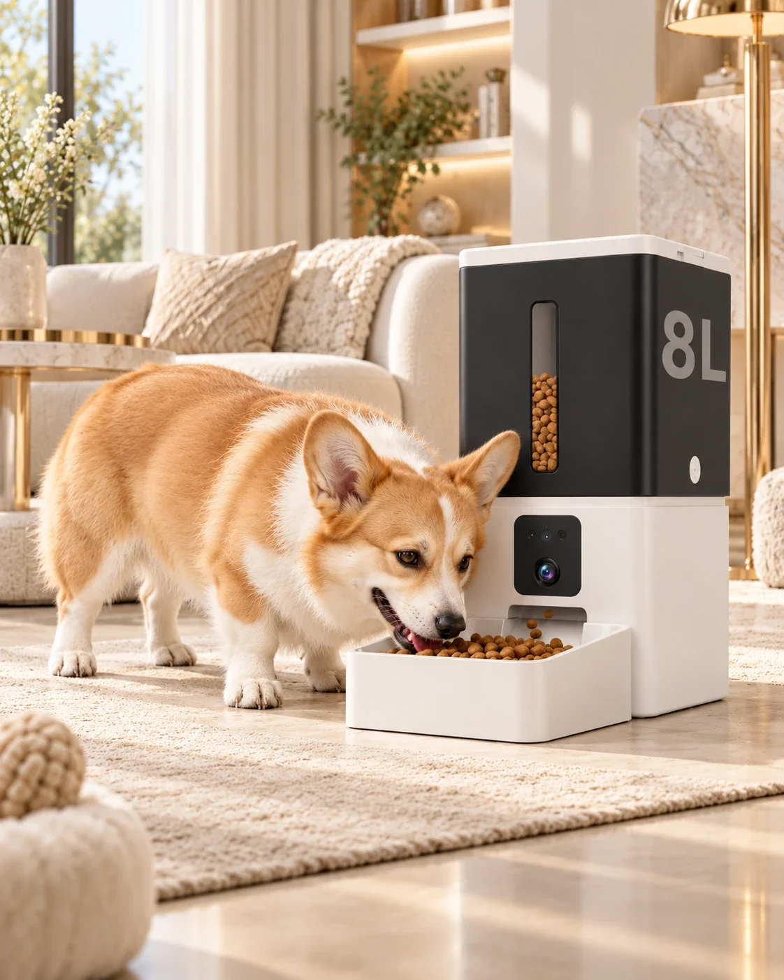 8L automatic dog feeder with camera beside a corgi.