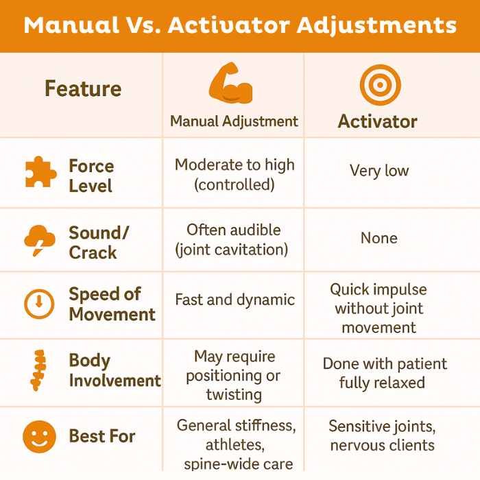 Table of differences between manual and activator adjustments salt chiropractic south Brisbane