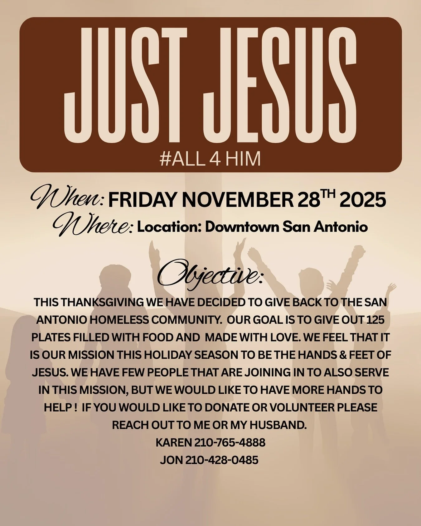 This is our FIRST Time. We are open to suggestions, ideas, donations, and more volunteers. Feel free to share, send to friends, Tag people. 

Thank you &amp; God Bless 🤎

#sanantoniotx #givebacktothecommunity #thanksgiving2025