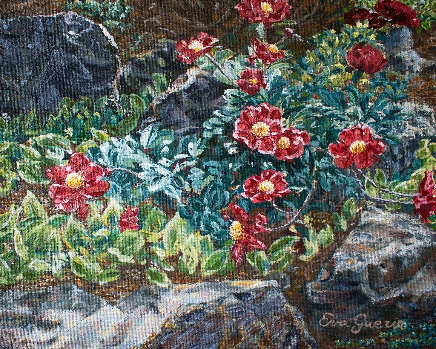 An oil painting of little red flowers atop wispy stems growing among sprightly blue-green and yellow-green leaves, all nourished by rich reddish-brown earth contained within a bed formed by big blue-gray rocks.